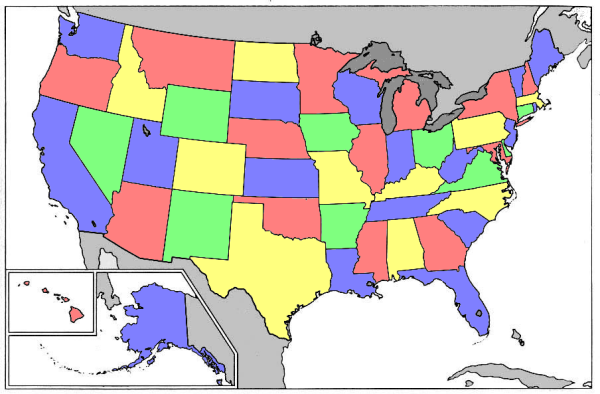 A four color map of the United States.