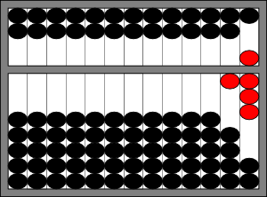 An idealized abacus showing 18.