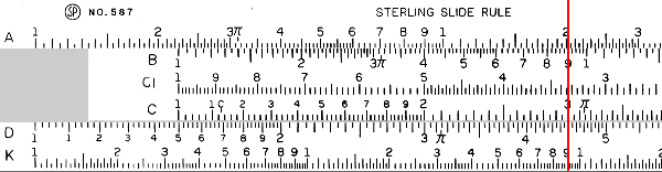 A slide rule showing multiplication by 15.