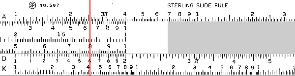 A slide rule showing multiplication by 2.