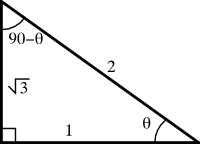 A right triangle with all sides and angles labeled.