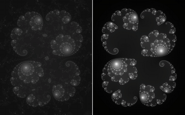 A Julia island from the Mandelbrot set (left), and a related Julia set for comparison (right).